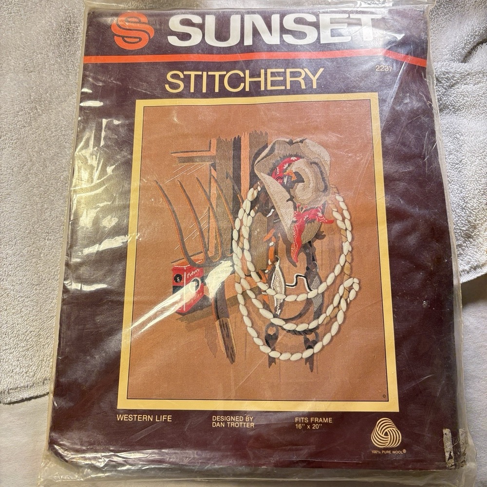 Vintage 1982 Sunset Stitchery Western Life Dan Trotter Fits Frame 16"x20" Wool